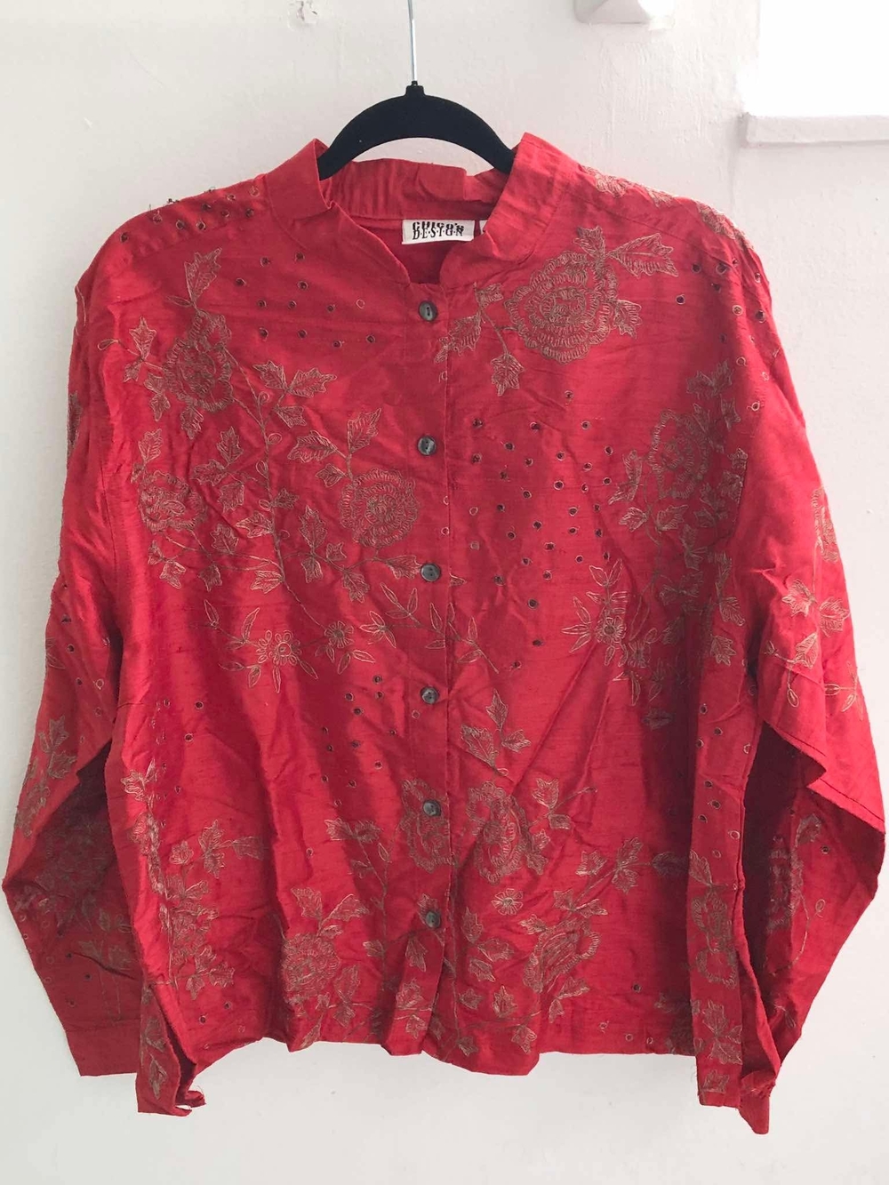Chico's Design Red 100% Silk Floral Embroidered Mandarin Button-Up LS Top 3